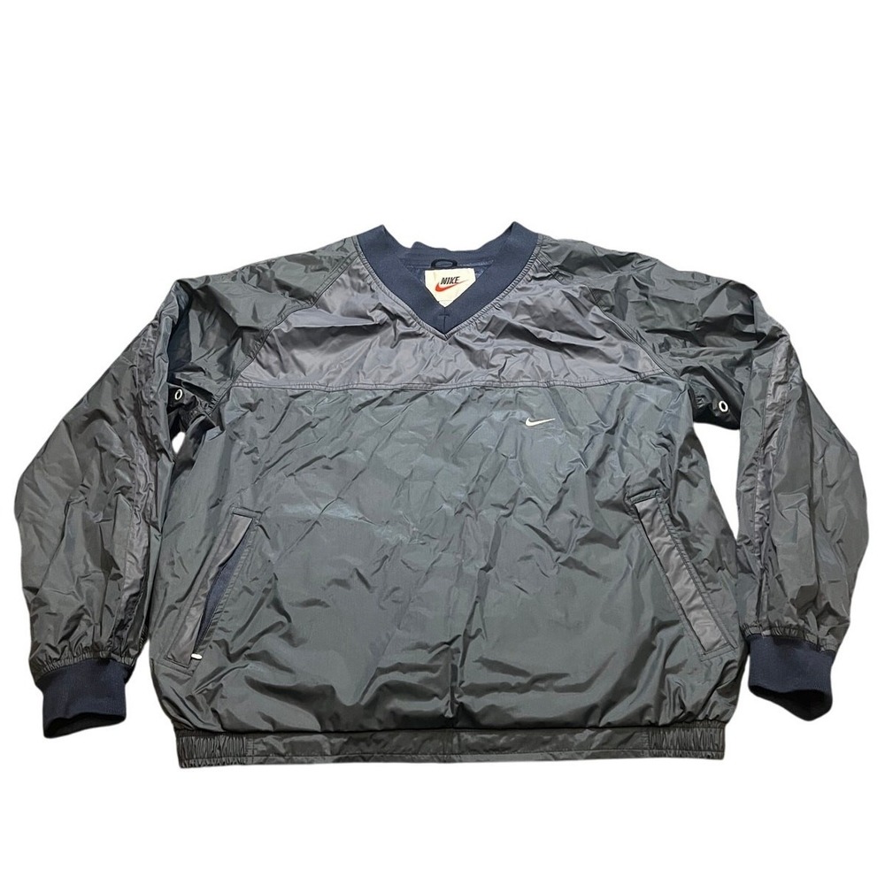 Y2K Nike Windbreaker Pullover Women XL Navy V-Neck Mesh Lined Swoosh Logo Pocket